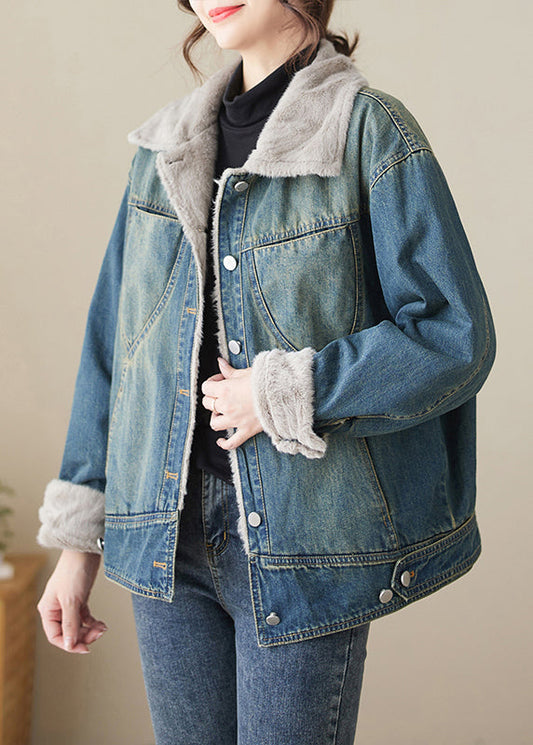 Stylish Blue Peter Pan Collar Patchwork Warm Fleece Denim Coats Winter
