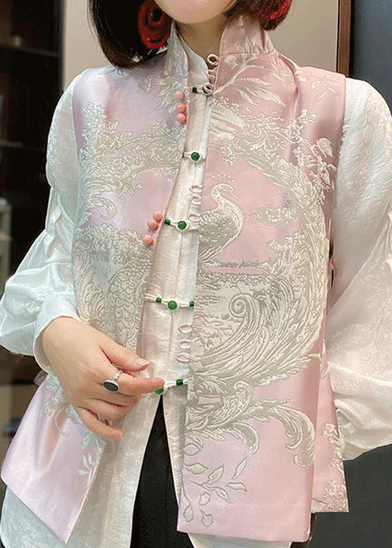 Chinese Style Yellow Stand Collar Embroideried Silk Vest Sleeveless