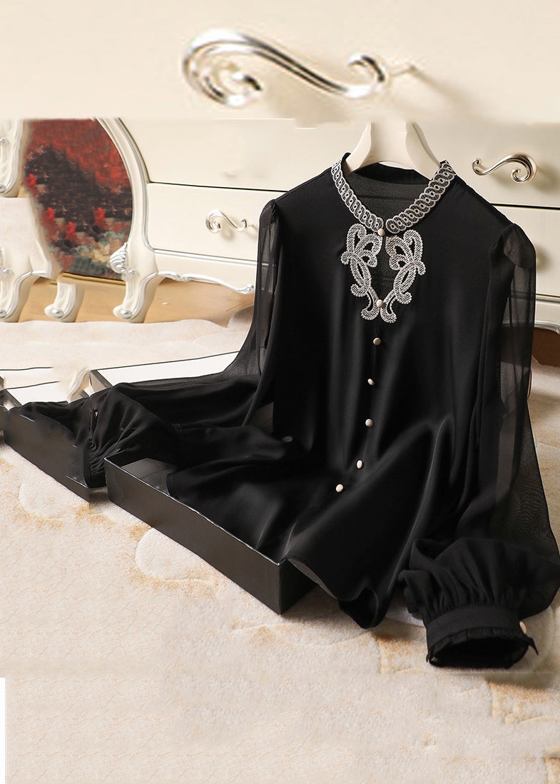 Black Embroideried Button Silk Shirts Long Sleeve