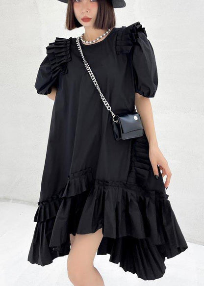 Black Puff Sleeve Asymmetrical Design Ankle Dress Summer