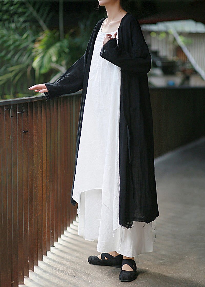 Beige Tasseled Pockets Linen Cardigan Long Sleeve