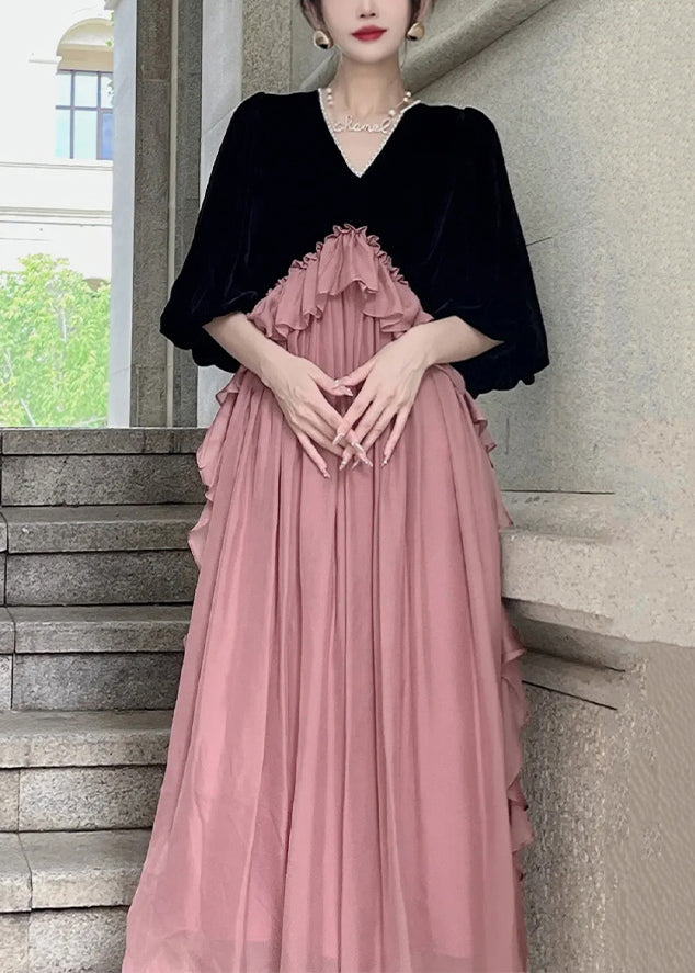 Loose Black Ruffled Patchwork Silk Velour Dresses Puff Sleeve
