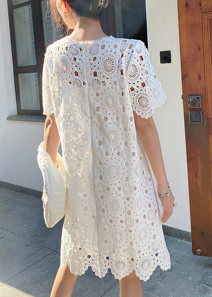 Art White O-neck Hollow Out Cotton Dresses Summer