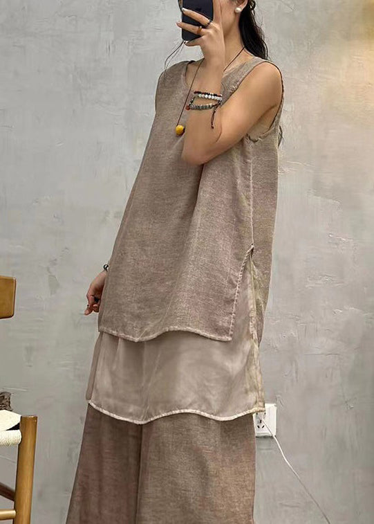 Coffee O Neck Patchwork Cotton Tops Sleeveless