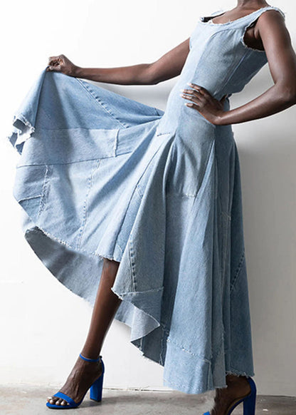 Style Light Blue Asymmetrical Design Patchwork Denim Dress Sleeveless Summer