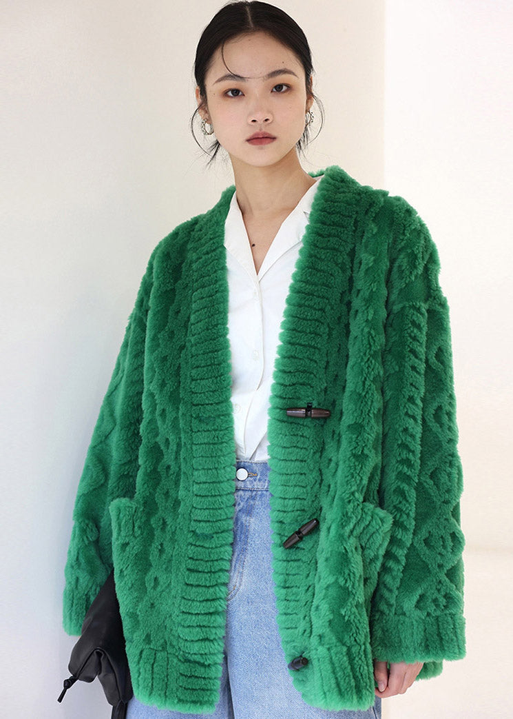 Green V Neck Thick Button Woolen Coats Winter