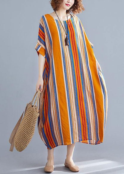 Orange Cashews O-neck Striped Summer Cotton Maxi Dresses