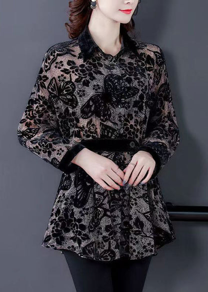 Black Peter Pan Collar Print Patchwork Velour Shirts Tops Fall