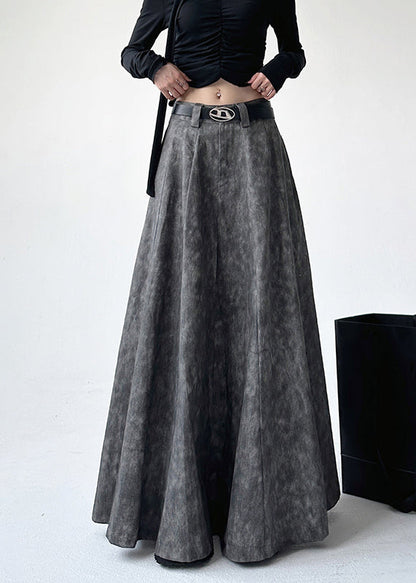 Handmade Grey Print High Waist a Line Skirt Spring