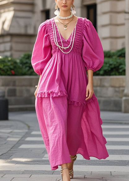 Rose Ruffled Wrinkled Cotton Party Dress Fall