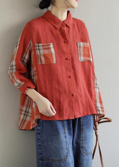 Modern Red Plaid Clothes for Lapel Patchwork Spring Top