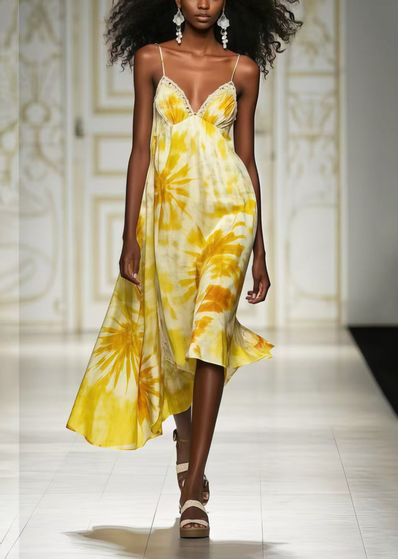 Yellow Print Chiffon Cami Dresses Summer