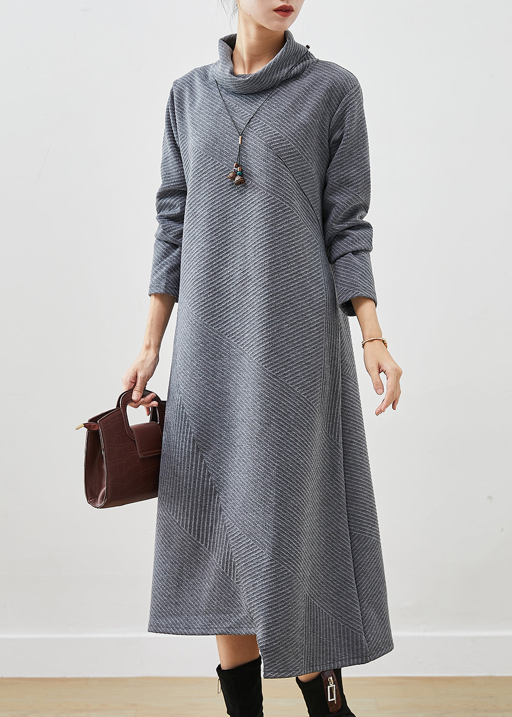 Grey Turtle Neck Cotton Vacation Dresses Fall