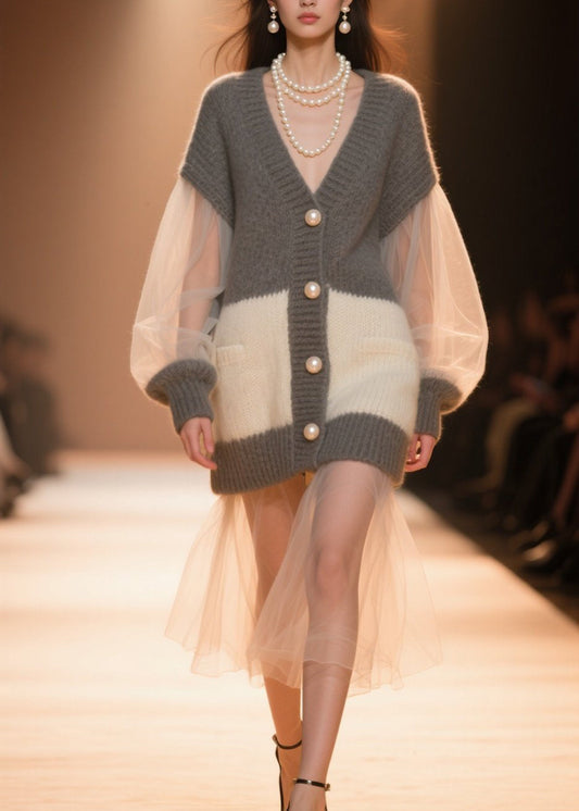 Colorblock V Neck Tulle Patchwork Knit Cardigans Fall