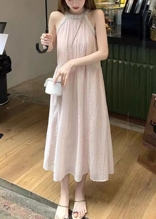 Pink Cold Shoulder Halter Cotton Long Dress Summer
