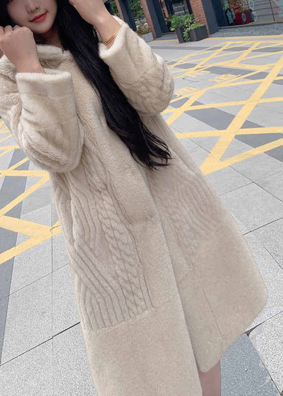Modern Beige Patchwork Button Leather and Fur Maxi Hoodie Coat Winter