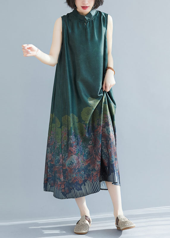 Green Mandarin Collar Print Silk Long Dresses Sleeveless