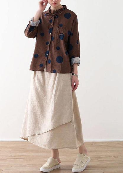 Spring Chocolate Dot Contrast Linen Blouse