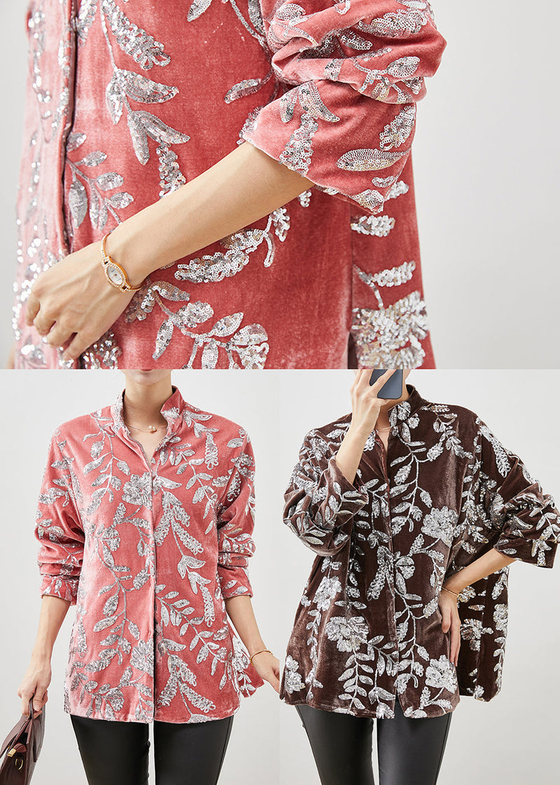 Pink Stand Collar Leaf Sequins Silk Velour Shirt Spring