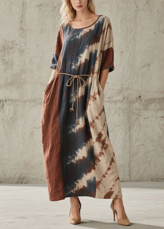 O Neck Tie Dye Lace Up Pockets Cotton Dresses Summer