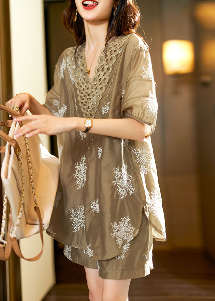 Unique Khaki V Neck Embroideried Chiffon Top and Shorts Two Pieces Set Summer