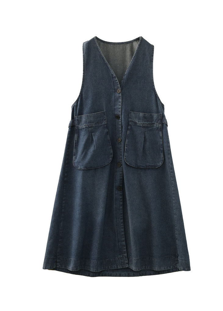 Denim Blue V Neck Patchwork Pockets Cotton a Line Dress Sleeveless