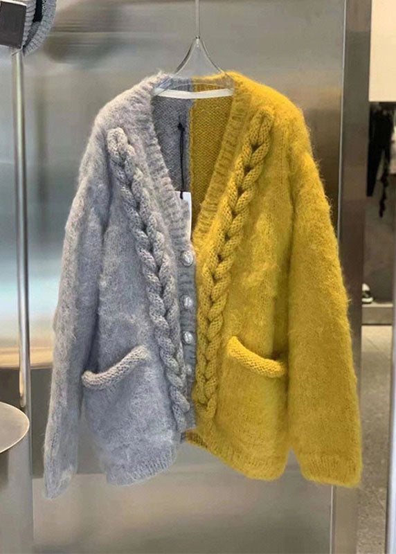 Yellow V Neck Patchwork Button Cozy Cotton Knit Cardigans Winter