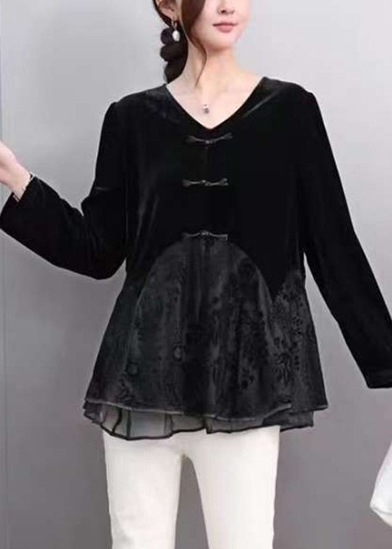 Red V Neck Lace Patchwork Silk Velour Top Spring