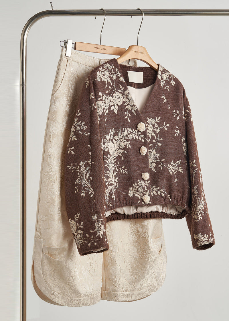 Brown Embroidered Decorated Cotton Jackets Fall