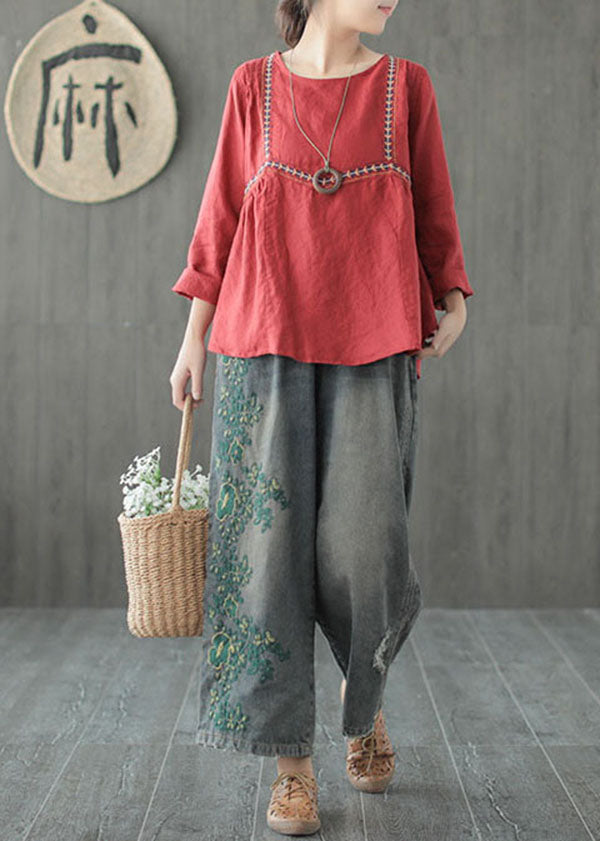 Blue Embroideried Cotton Ripped Jeans Pants Fall