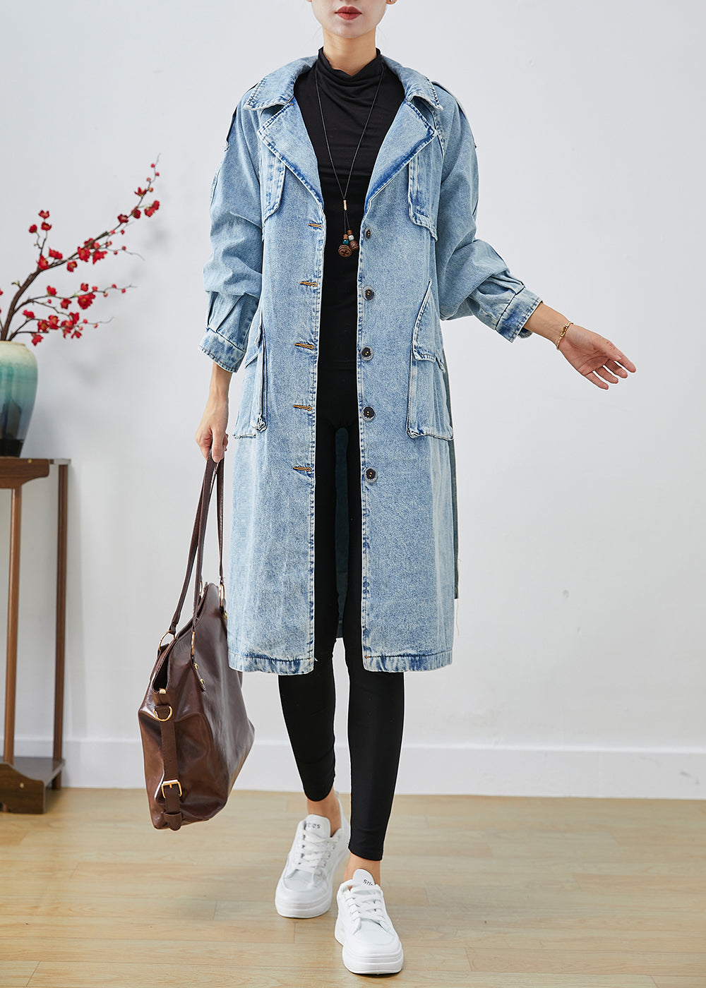 Light Blue Lapel Patchwork Denim Trench Coats Fall