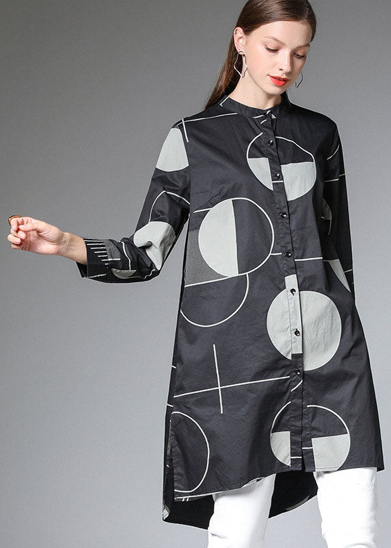 Modern Black Geometric Low High Design Side Open Long Shirts Shirts Fall