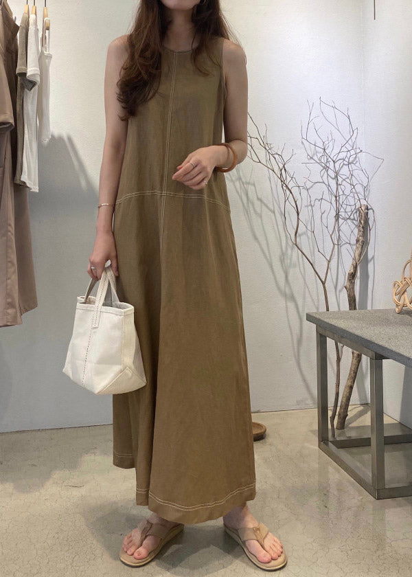 Style Khaki O-neck Long Beach Dresses Summer