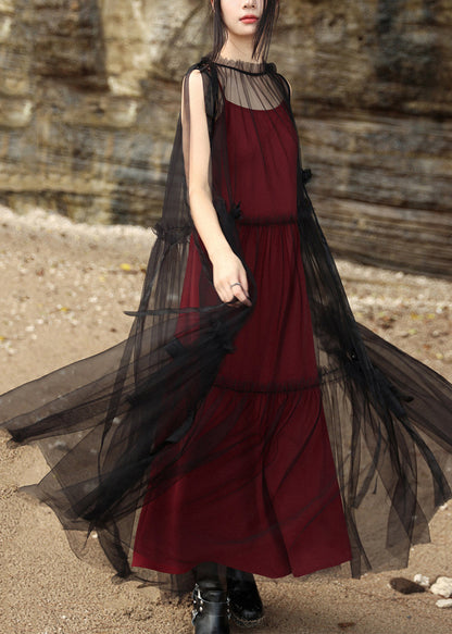 Black Stand Collar Tie Waist Tulle Dress Two Pieces Set Summer