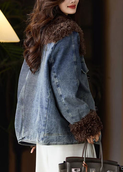 Blue Fur Patchwork Denim Fine Cotton Filled Jacket Winter