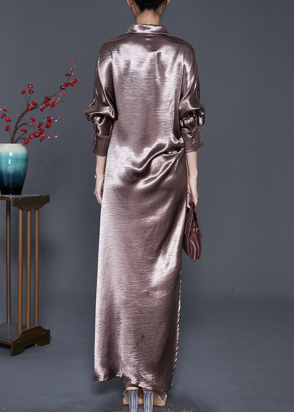 Peter Pan Collar Side Open Silk Long Dress Fall