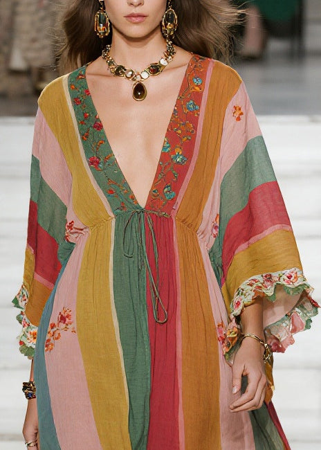 Style Colorblock Deep-v Neck Striped Cotton Holiday Dresses Spring