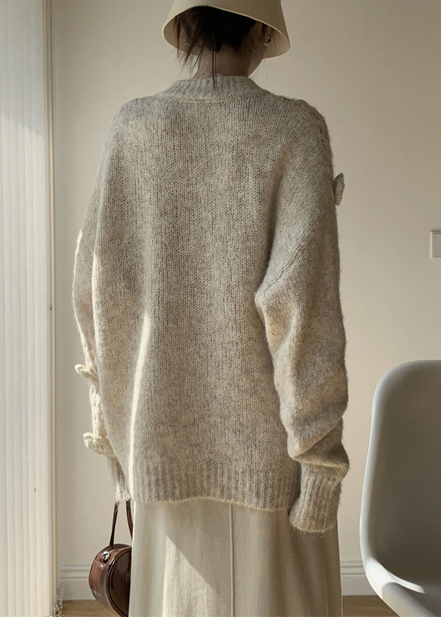 Apricot V Neck Hollow Out Cotton Knit Sweater Winter