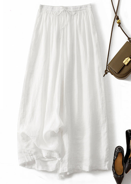 Modern White Elastic Waist Linen Wide Leg Pants Summer