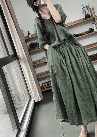 Green Wrinkled Pockets Cotton Two Pieces Set Half Sleeve