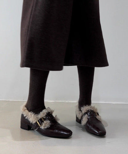 Black Faux Leather Splicing Chunky Loafer Shoes Fuzzy Wool Lined