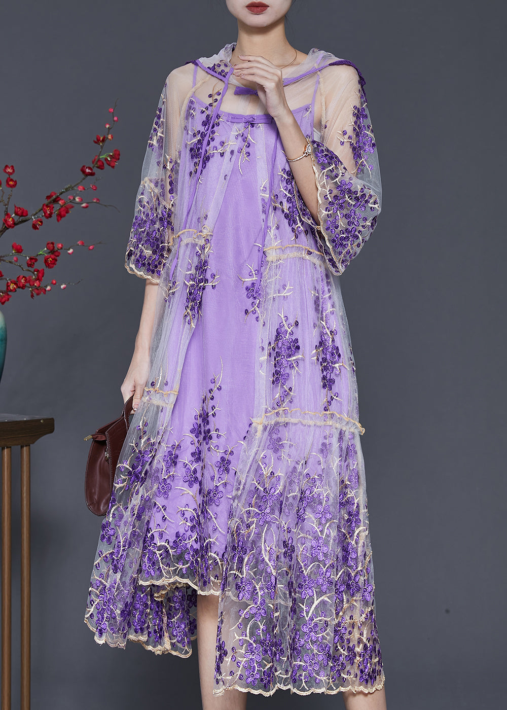 Purple Embroidered Tulle Dress Two Pieces Set Summer