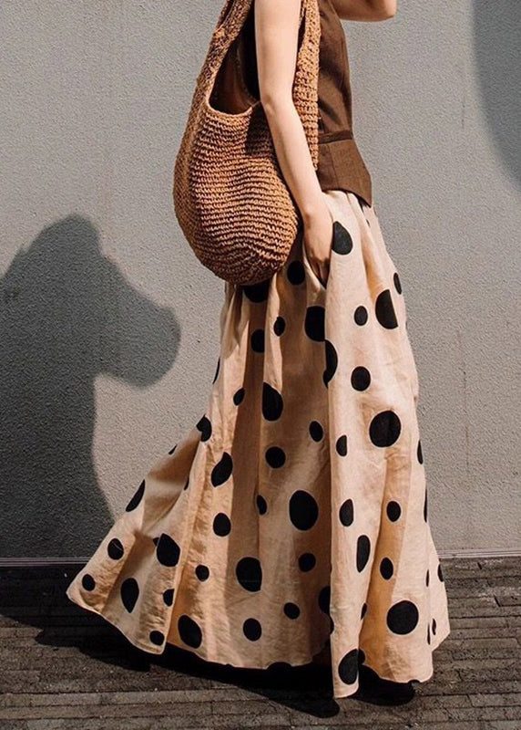 Khaki Dot Print Elastic Waist a Line Cotton Skirt Summer