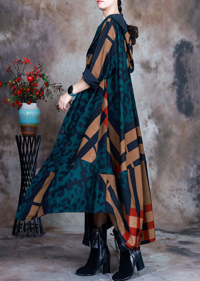 Green Hooded Plaid Leopard Patchwork Cotton Trench Coat Long Sleeve