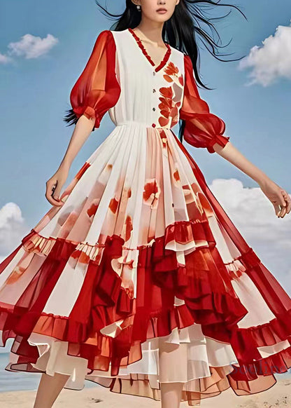 Organic Red Print Patchwork High Waist Chiffon Long Dress Lantern Sleeve