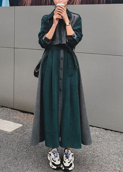 Blackish Green Patchwork Tie Waist Velour Sets 2 Pieces Fall