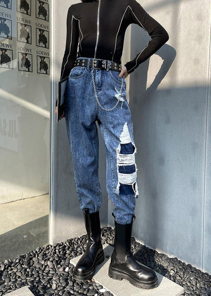 French Blue Cotton Hole Patchwork Jeans Pants