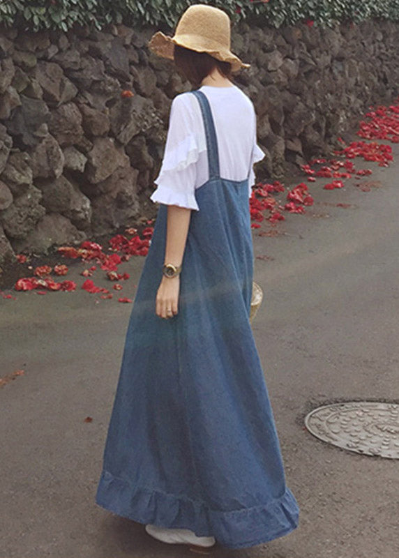 Blue Ruffled Button Spaghetti Strap Long Dress Sleeveless