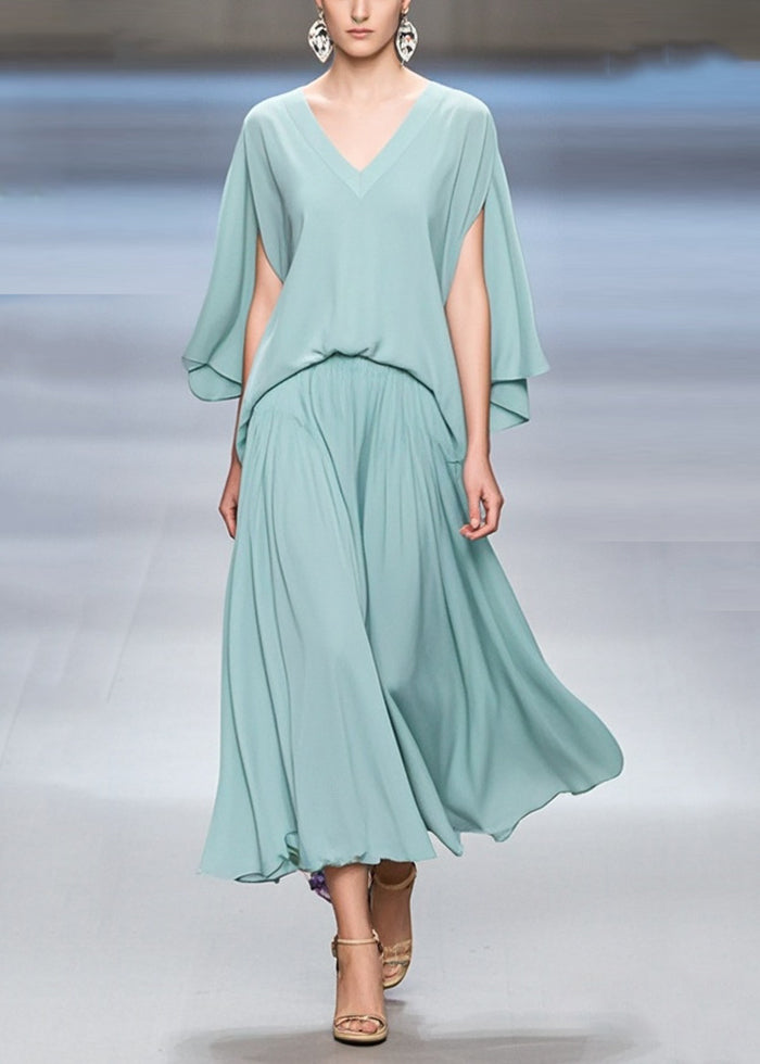 Stylish Green V Neck Chiffon Dresses Butterfly Sleeve Summer