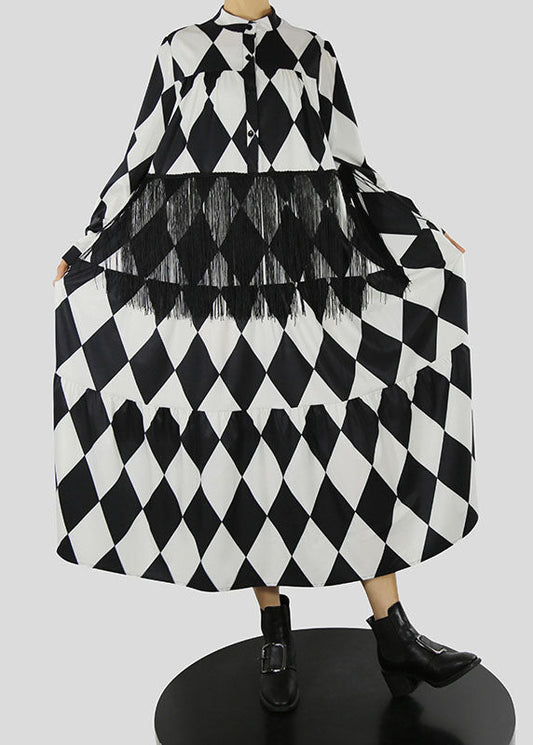 Loose Black Stand Collar Tassel Print Shirt Dress Spring